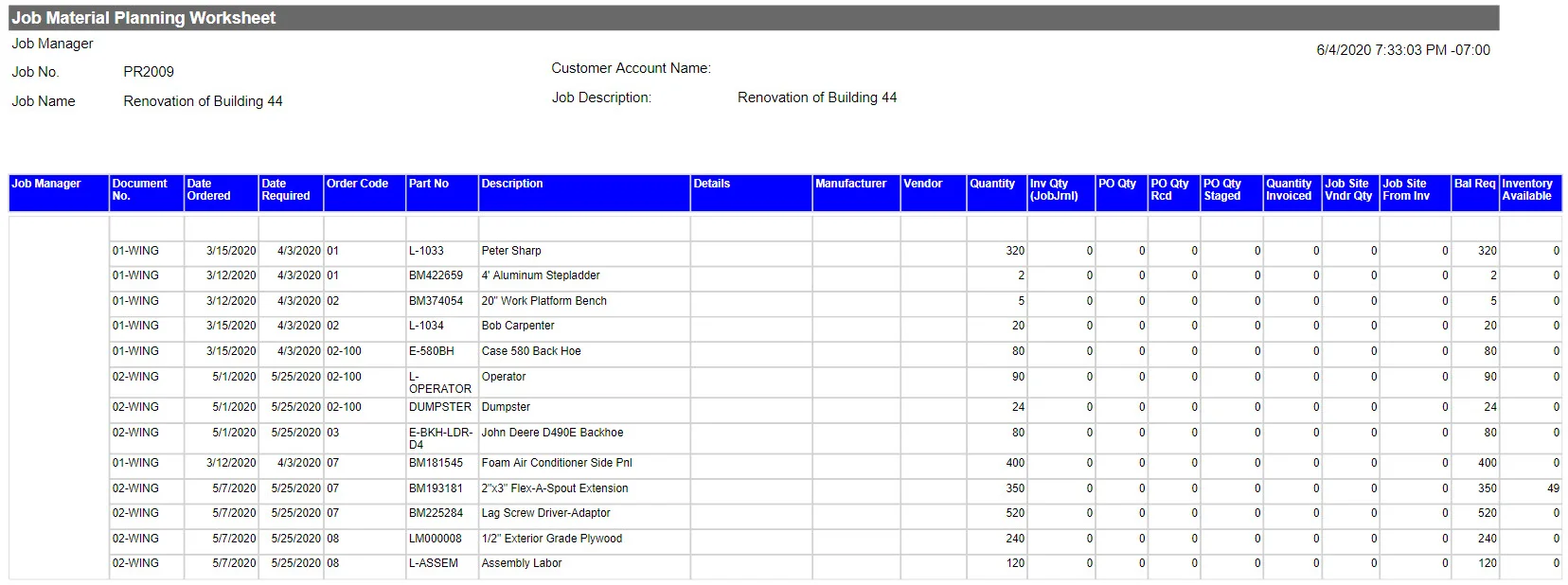 Job Material Planning Screenshot